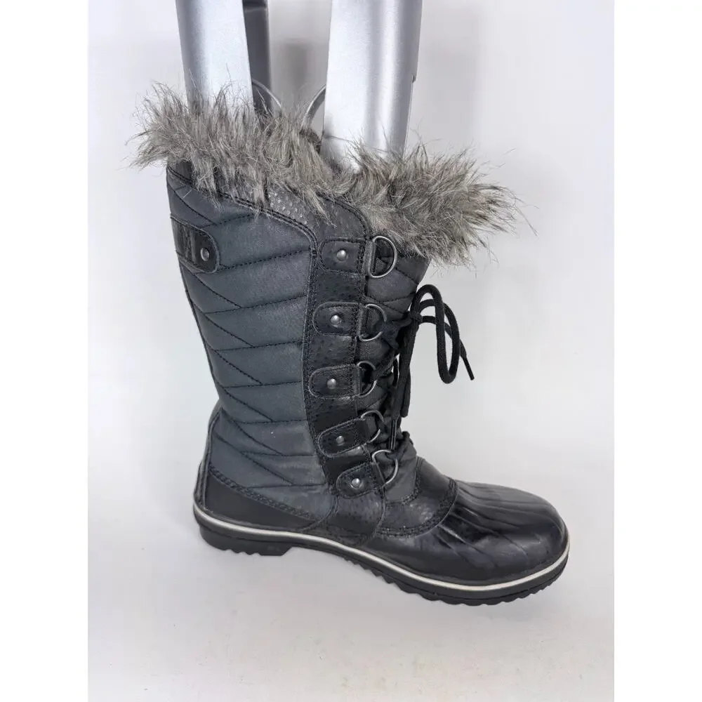Sorel Tofino II Snow Boots Women's 9 Black Gray Faux Fur Trim Waterproof Lace-Up